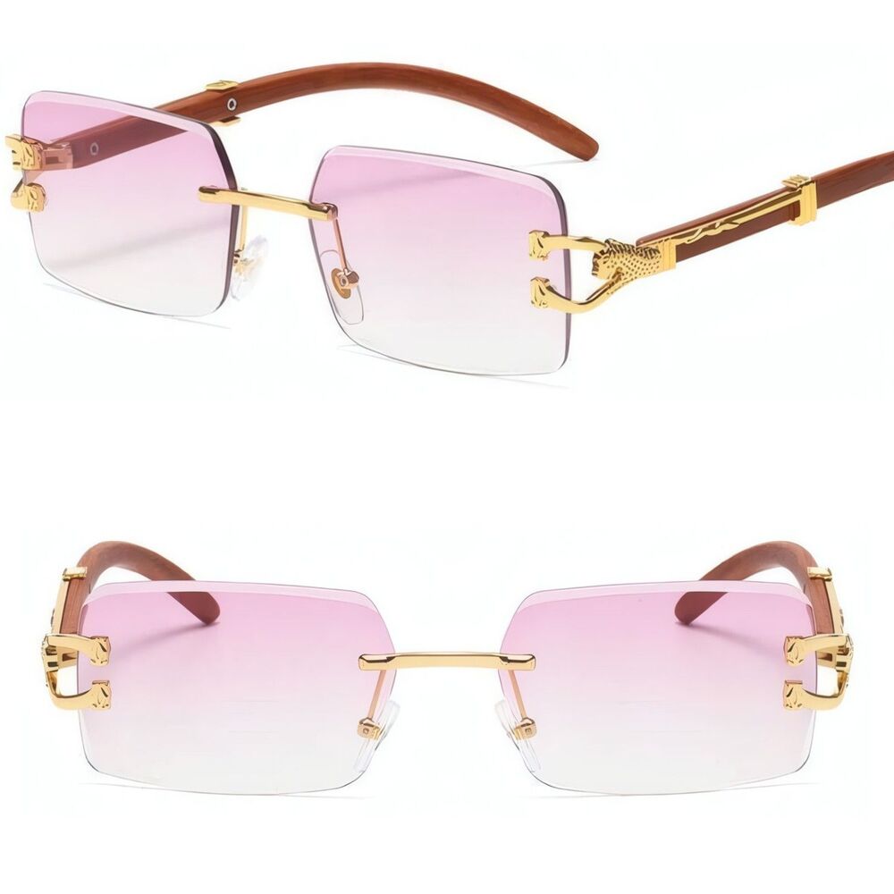 Look Rich Leopard Decor Faux Wood Gold Temple Rimless Hip Hop Purple Sunglasses